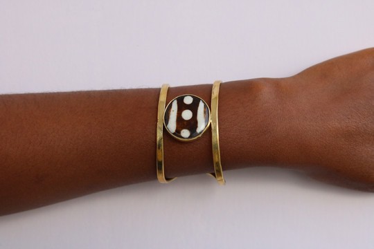 Handmade Brass Cuff Bracelet with African Bone Bead – Adjustable Statement Bangle for Women