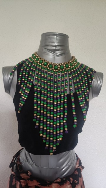 Collier ras de cou perle bois vertes,violettes et or