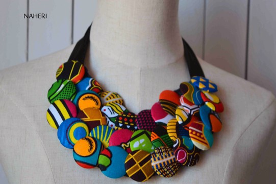 African Inspired fabric buttons bib necklace | African Tribal Jewelry