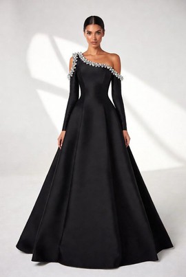 Black One Shoulder Maxi Dress with Beaded Neckline