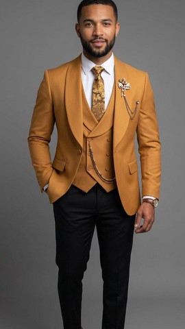 Ensemble blazer jaune moutarde et pantalon noir avec cravate fleurie et broche – costume de mariage pour homme