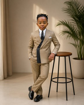 Boys Beige Double-Breasted Suit Set with Black Contrast Lapel