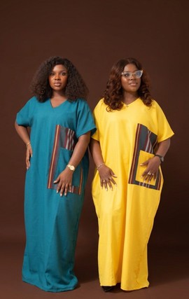 Bubu Kaftan with Striped Pocket – Teal &amp; Yellow Maxi Dress