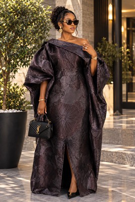 Women's Dark Plum Jacquard Off Shoulder Maxi Dress – Elegant Oversized Cape Sleeve Brocade Gown