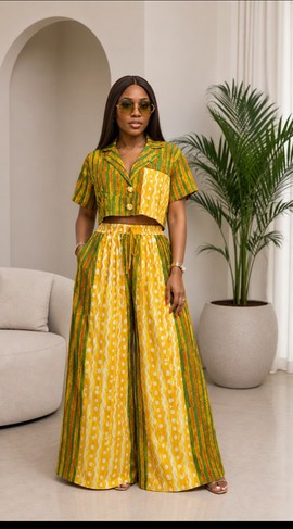 Women's Yellow &amp; Green Striped Ankara Two-Piece Set – Cropped Jacket &amp; Wide-Leg Drawstring Pants