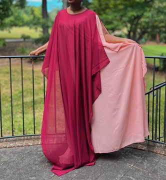 Pink and Burgundy Two-tone Sheer Chiffon Maxi Layered Kaftan Dress