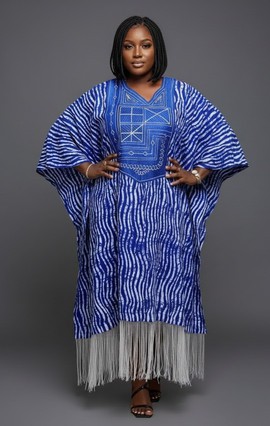 Magnifique robe kaftan à rayures bleues – création artisanale authentique