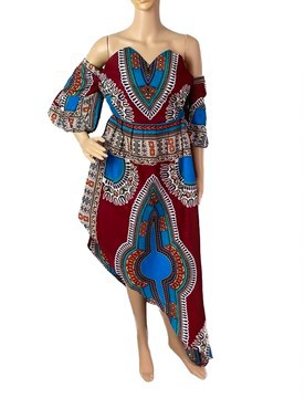 Dashiki African Print Ankara Red Multicolor Off Shoulder Asymmetrical Midi Dress