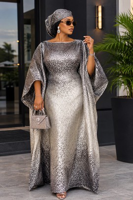 Women's Silver &amp; Charcoal Metallic Jacquard Maxi Dress – Elegant Ombre Cape Sleeve Gown