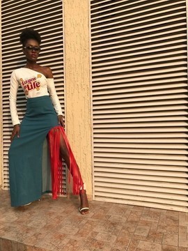 RED LEATHER FRINGED MAXI SKIRT