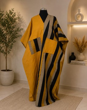 Women's Mustard Yellow &amp; Black Aso Oke Striped Kaftan Dress with Contrast Patch Pockets"