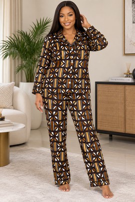 Ensemble de pyjama en satin pour femme à imprimé bogolan afrocentrique | Vêtement de nuit bogolan | Bynelo