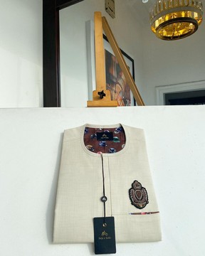 A Irish cream kaftan, front flap &amp; hand embroidery patch detailing