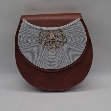 Sac bandoulière rond en cuir et perles africaines, sac à épaule masaï fait main pour femme