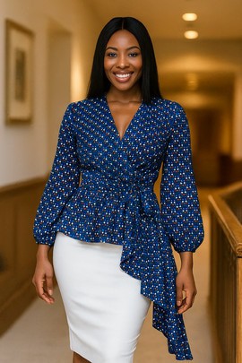 Faux Wrap African Blouse – Asymmetrical Long Sleeve Elegance