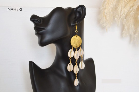African cowrie shell chandelier earrings with brass