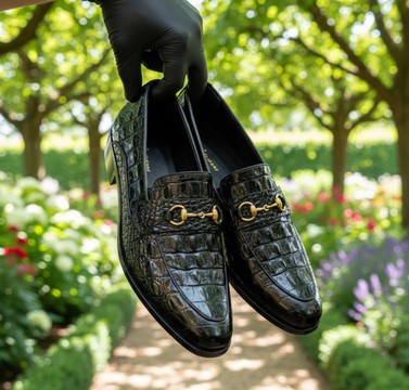 black crocodile-embossed leather loafers