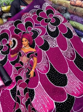 Tissu de dentelle de luxe en velours perlé avec foulard Sego pour les grandes occasions (5 yards)