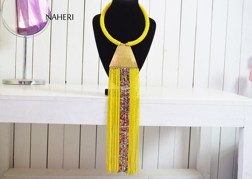African beads yellow necklace | African Jewelry | Tribal fringe neck piece | Gift for her