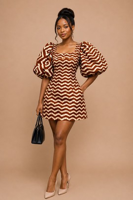Brown Puff Sleeve Ankara Mini Dress – Trendy African Print Short Dress for Women
