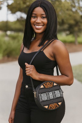 Black Bag Crossbody Round Sling Mudcloth Print