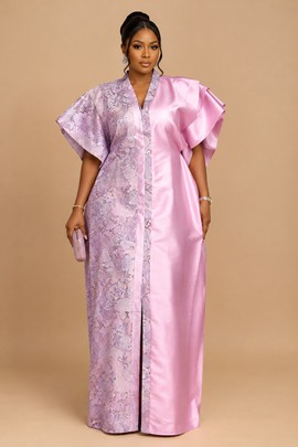 Robe caftan africaine de luxe pour femme en satin rose et dentelle lilas, avec manches volantées