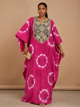 Magenta Tie-Dye Boubou Kaftan Dress with Detailed Neckline