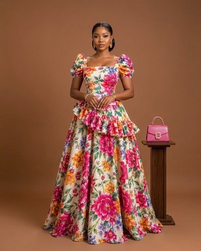 Robe longue à volants à imprimé floral et manches bouffantes