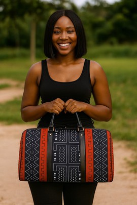 African Leather Bag for Travel Ethnic Trident Print