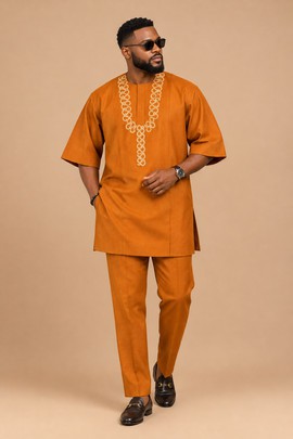 Ensemble de kaftan brodé orange brûlé pour homme – Tenue africaine traditionnelle deux pièces