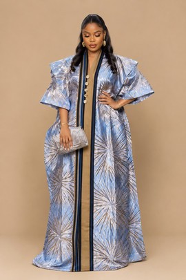 Robe Bubu de luxe en brocart bleu avec manches originales et détails dorés