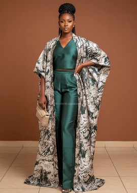 Elegant Damsk Kaftan &amp; Trouser Set (Green/Marble Print)