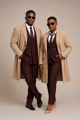 Couples Matching Burgundy Pinstripe Suit Set with Camel Trench Coat