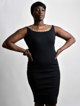 Ribbing Knit African Black Dress with Print Patches Around Collar