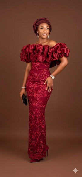 Elegant Burgundy Ruffled Off-the-Shoulder Gown
