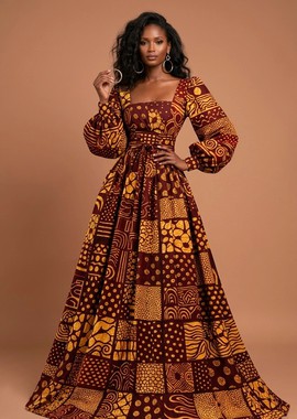 Elegant Ankara Print Maxi Dress – Long Sleeve Flare African Party Gown for Women