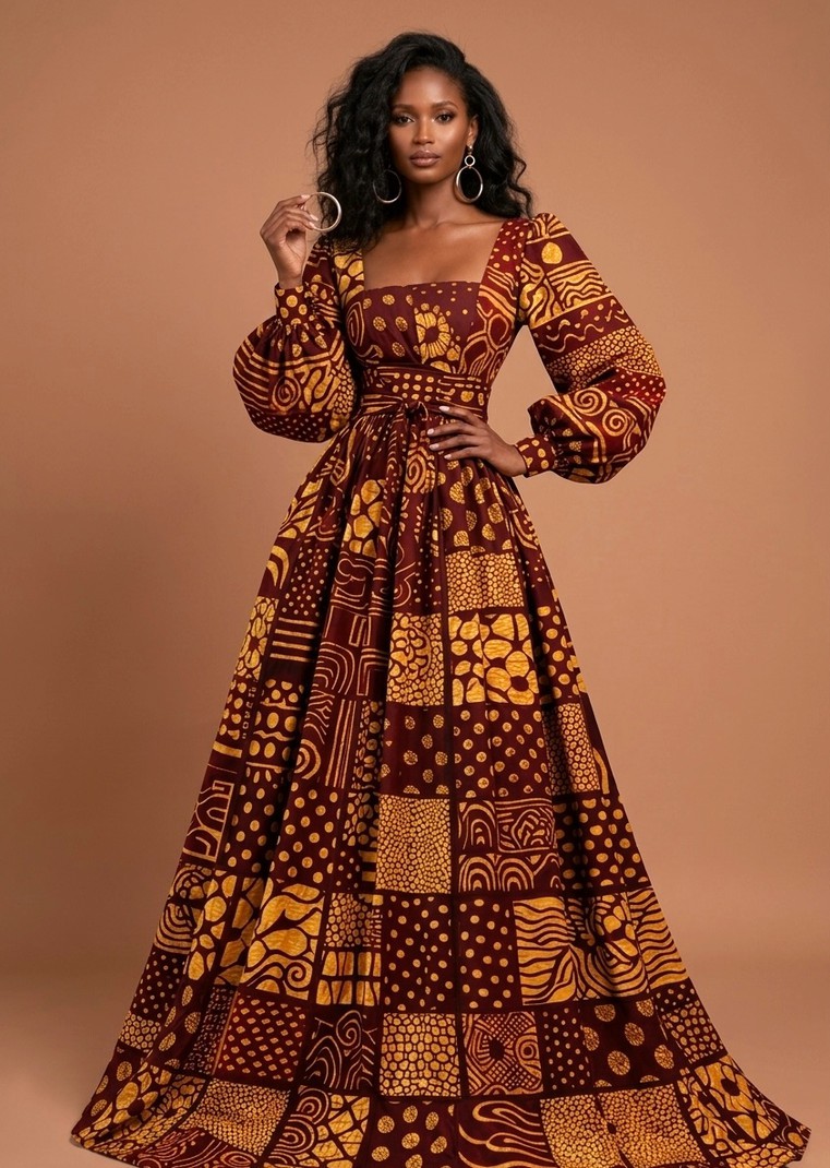 open lace back dress Blue White African Ankara Print Plus Size Clothing Party Dress –  Africanclothinghub main image 1