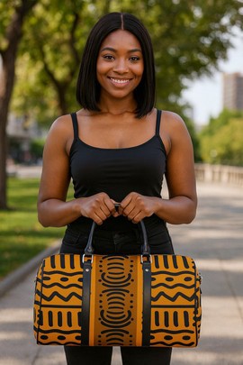 African Duffel Leather Bag for Travel Kuba Brown Print