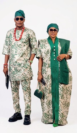 Luxury African Couple Traditional Outfit – Matching Senator &amp; Boubou Set in Cream and Emerald Green