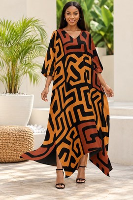 Robe midi à col en V et manches courtes pour femme en imprimé africain | Robe midi en imprimé africain | Bynelo