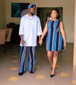 Tenue assortie pour couple en Ankara | Ensemble traditionnel deux pièces en imprimé africain bleu et orange