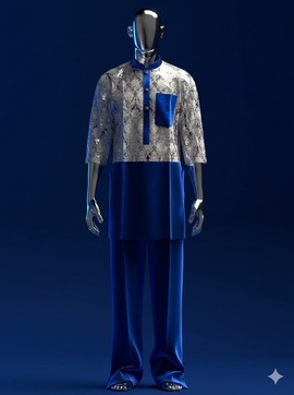 Ensemble de kaftan pour homme en brocart bleu roi et argenté – Tunique à imprimé métallisé avec pantalon assorti