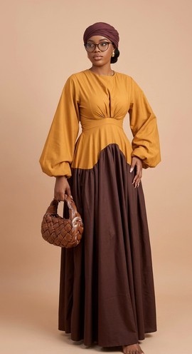 Mustard &amp; Chocolate Maxi Dress – Long Sleeve Color Block A-Line Gown with Puff Sleeves