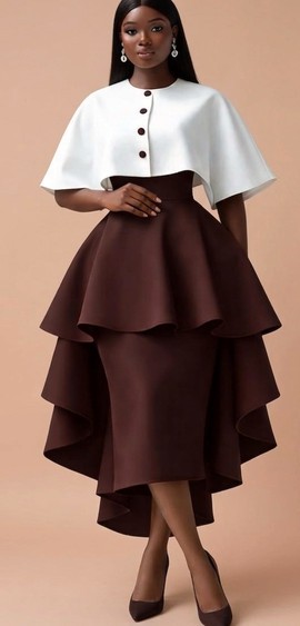 Elegant Two-Tone Peplum Midi Dress with Cape Top &amp; Layered Skirt