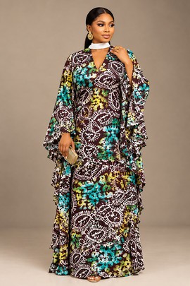 Women’s African Print Kaftan Maxi Dress with Flared Sleeves and Layered Ruffle Details