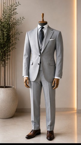 Men's Light Grey Polyester Three-Piece Suit – Slim Fit Blazer, Vest &amp; Trousers Set