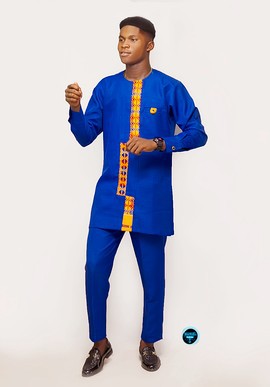 Royal Blue Kente Kaftan Set by Manuel Fashion