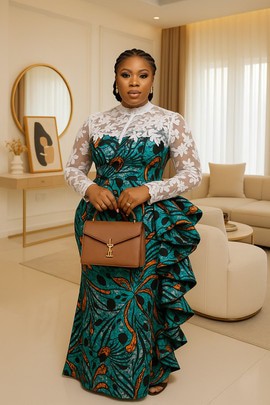 Emerald Green Ankara Gown with White Floral Lace Bodice &amp; Cascading Ruffles