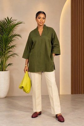 Women’s Olive Green Oversized Tunic Top &amp; Cream Wide-Leg Trousers Set