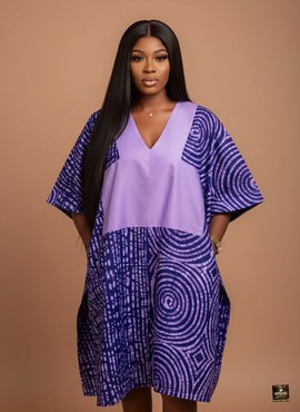 Robe tunique mini à col en V en batik violet Ayoka